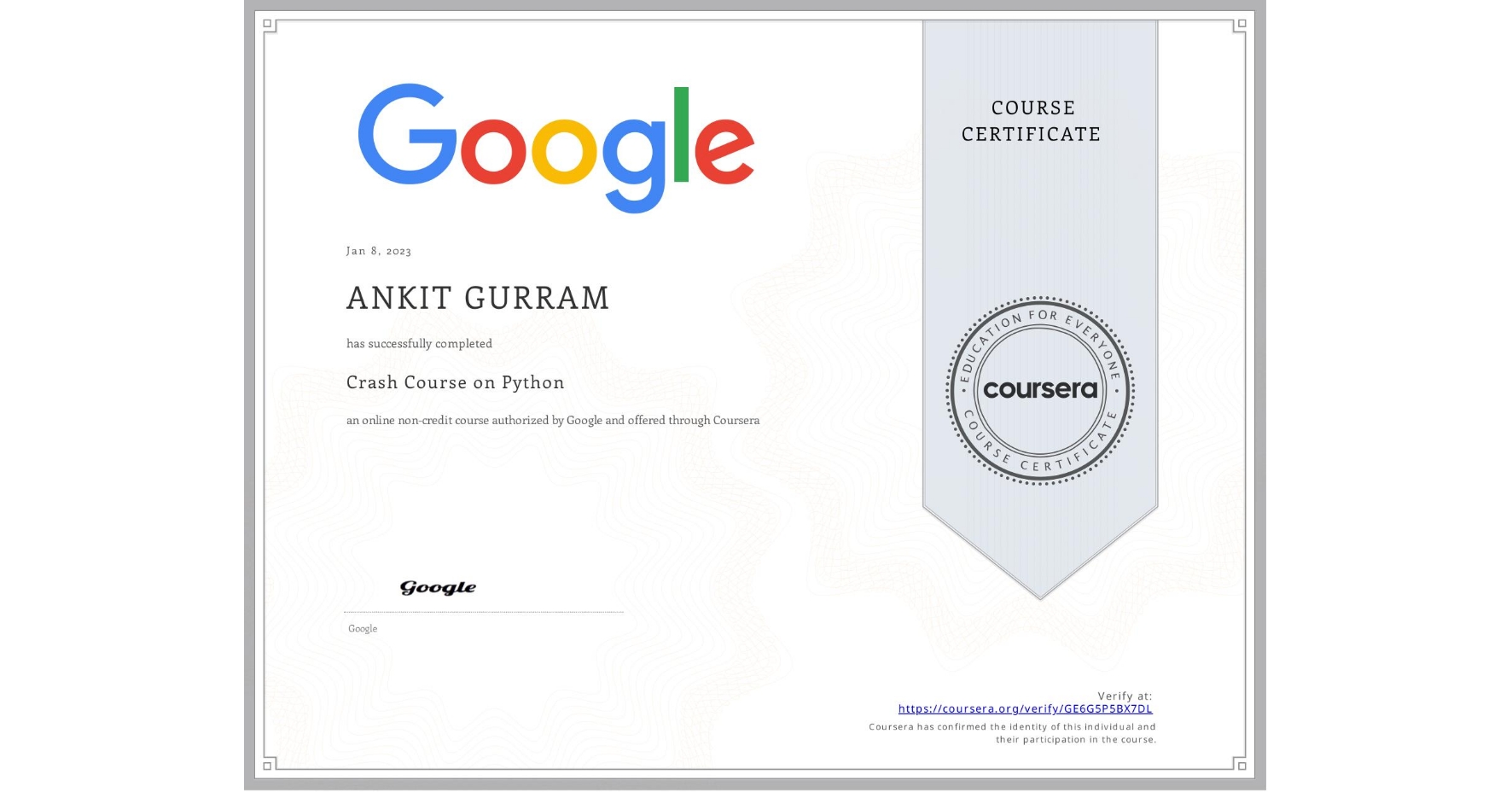 Crash Course on Python Certificate